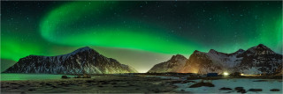  Panoramabild Aurora Borealis Flakstad Lofoten Norwegen