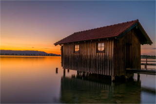  Wanddeko Bootshaus im Sonnenuntergang